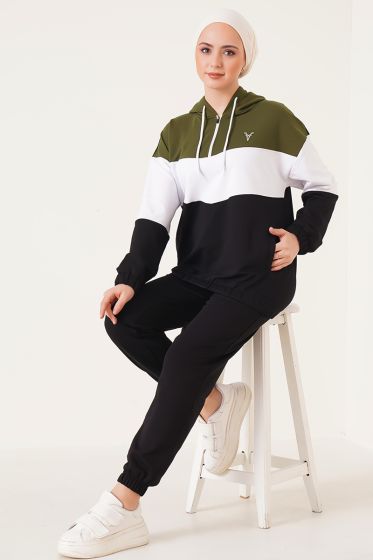 Yaka Fermuarlı Kapüşonlu Siyah Haki Eşofman Takımı - Kadın Spor Giyim