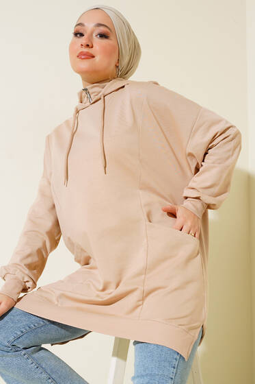 Yaka Fermuarlı Kapüşonlu Tunik Bej - Tunik