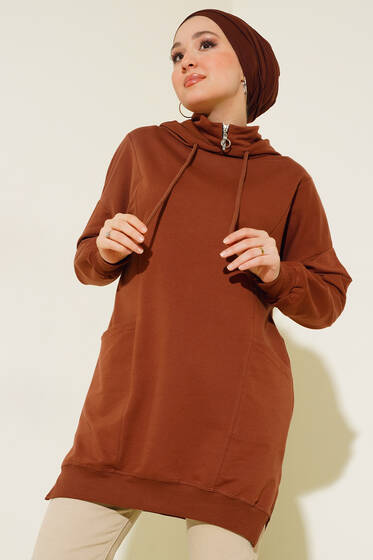 Yaka Fermuarlı Kapüşonlu Tunik Kahve - Tunik