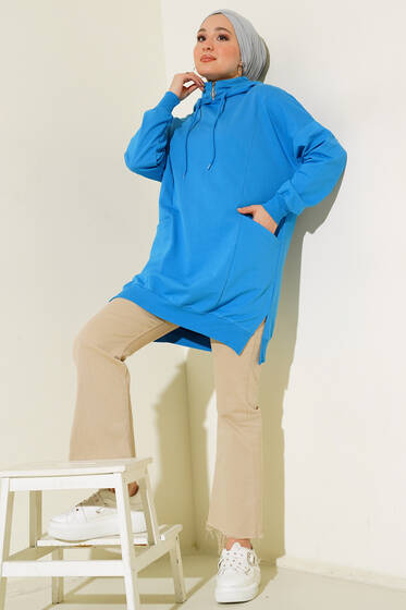 Yaka Fermuarlı Kapüşonlu Tunik Mavi - Tunik