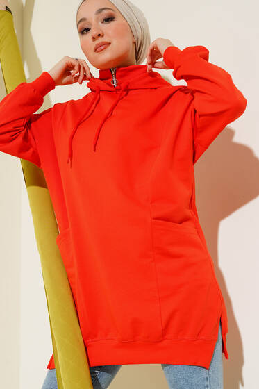 Yaka Fermuarlı Kapüşonlu Tunik Oranj - Tunik