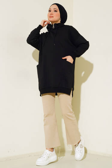Yaka Fermuarlı Kapüşonlu Tunik Siyah - Tunik