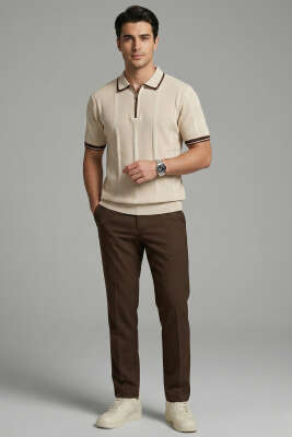 Yaka Fermuarlı Merserize Erkek T-shirt Bej - Erkek T-shirt