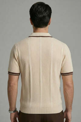 Yaka Fermuarlı Merserize Erkek T-shirt Bej - Erkek T-shirt