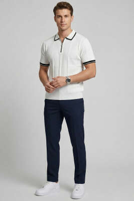 Yaka Fermuarlı Merserize Erkek T-shirt Beyaz - Erkek T-shirt