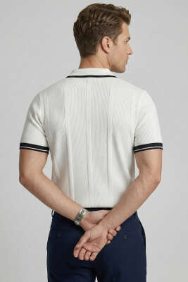 Yaka Fermuarlı Merserize Erkek T-shirt Beyaz - Erkek T-shirt