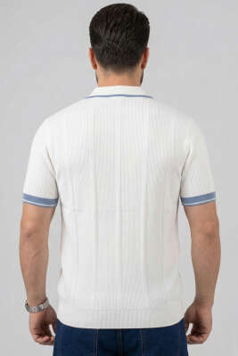 Yaka Fermuarlı Merserize Erkek T-shirt Beyaz Mavi - Yılın Fırsatı