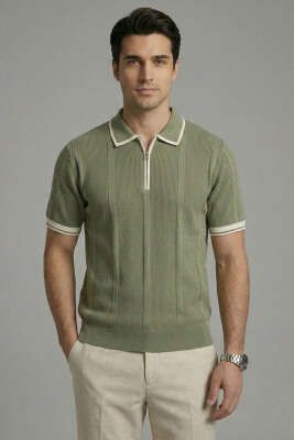 Yaka Fermuarlı Merserize Erkek T-shirt Haki - WİPEOUT