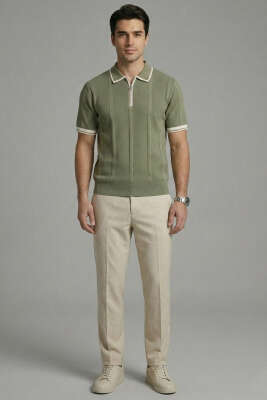 Yaka Fermuarlı Merserize Erkek T-shirt Haki - Erkek T-shirt