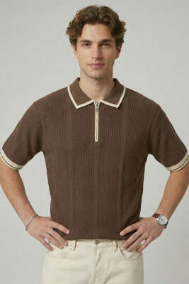 Yaka Fermuarlı Merserize Erkek T-shirt Kahve 