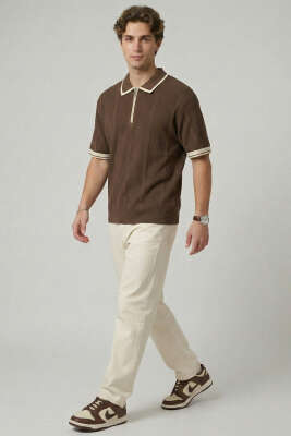 Yaka Fermuarlı Merserize Erkek T-shirt Kahve - Erkek T-shirt