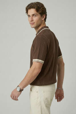 Yaka Fermuarlı Merserize Erkek T-shirt Kahve - Erkek T-shirt