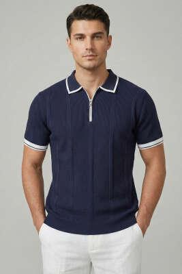 Yaka Fermuarlı Merserize Erkek T-shirt Lacivert - WİPEOUT