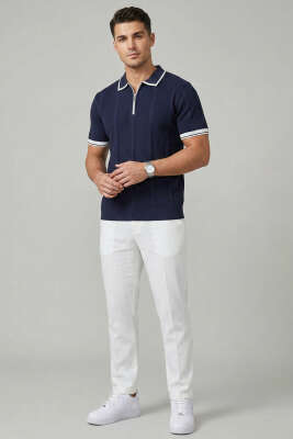 Yaka Fermuarlı Merserize Erkek T-shirt Lacivert - Erkek T-shirt