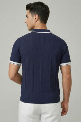 Yaka Fermuarlı Merserize Erkek T-shirt Lacivert - Erkek T-shirt