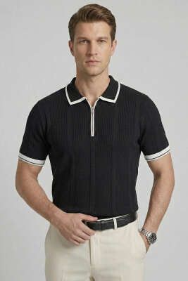 Yaka Fermuarlı Merserize Erkek T-shirt Siyah 