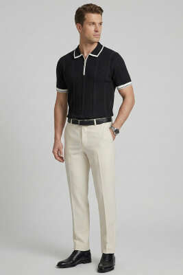 Yaka Fermuarlı Merserize Erkek T-shirt Siyah - Erkek T-shirt