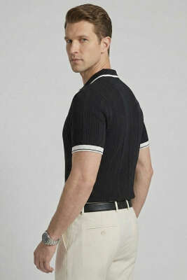 Yaka Fermuarlı Merserize Erkek T-shirt Siyah - Erkek T-shirt