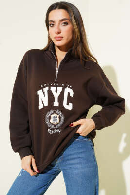 Yaka Fermuarlı Nyc Baskılı Sweatshirt Kahve - Kadın Giyim Modelleri