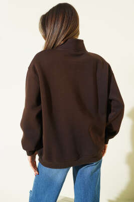 Yaka Fermuarlı Nyc Baskılı Sweatshirt Kahve - Kadın Giyim Modelleri