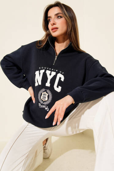 Yaka Fermuarlı Nyc Baskılı Sweatshirt Lacivert - Kadın Giyim Modelleri
