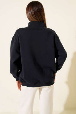 Yaka Fermuarlı Nyc Baskılı Sweatshirt Lacivert - Kadın Giyim Modelleri