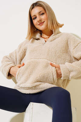Yaka Fermuarlı Peluş Sweatshirt Bej 