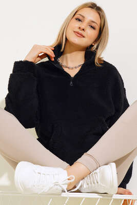 Yaka Fermuarlı Peluş Sweatshirt Siyah 