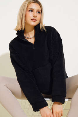 Yaka Fermuarlı Peluş Sweatshirt Siyah - Kadın Giyim Modelleri