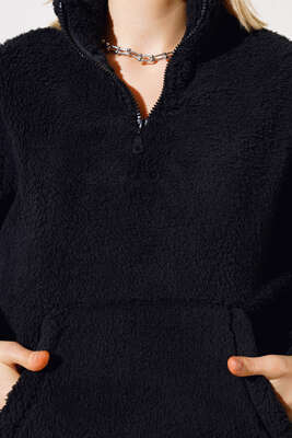 Yaka Fermuarlı Peluş Sweatshirt Siyah - Kadın Giyim Modelleri
