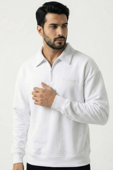 Yaka Fermuarlı Ribanalı Erkek Sweatshirt Beyaz - Erkek Sweatshirt