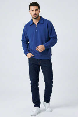 Yaka Fermuarlı Ribanalı Erkek Sweatshirt Lacivert - Erkek Sweatshirt