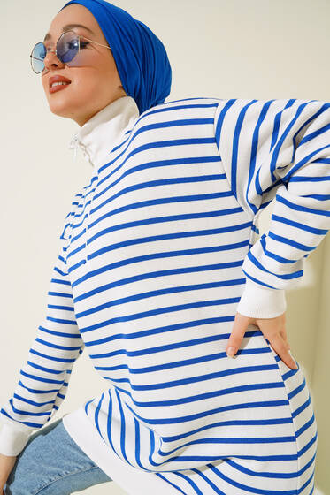 Yaka Fermuarlı Şardonlu Tunik İndigo - Tunik