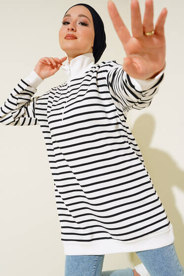 Yaka Fermuarlı Şardonlu Tunik Siyah - Tunik