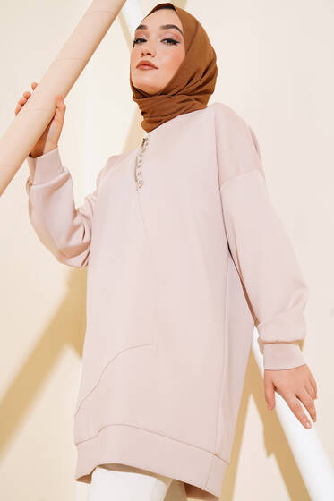 Yaka Fermuarlı Taşlı Scuba Tunik Bej - Tunik