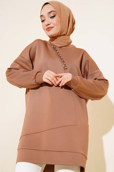 Yaka Fermuarlı Taşlı Scuba Tunik Camel - Tunik