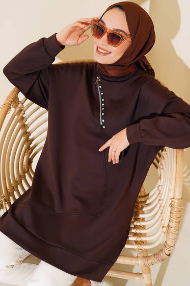Yaka Fermuarlı Taşlı Scuba Tunik Kahve - Tunik
