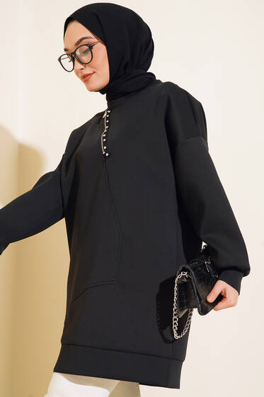 Yaka Fermuarlı Taşlı Scuba Tunik Siyah - Tunik