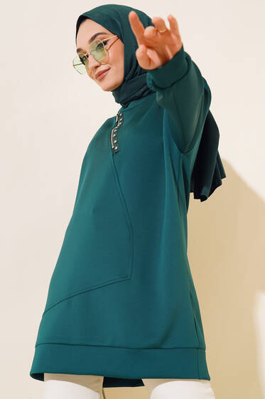 Yaka Fermuarlı Taşlı Scuba Tunik Zümrüt Yeşili - Tunik