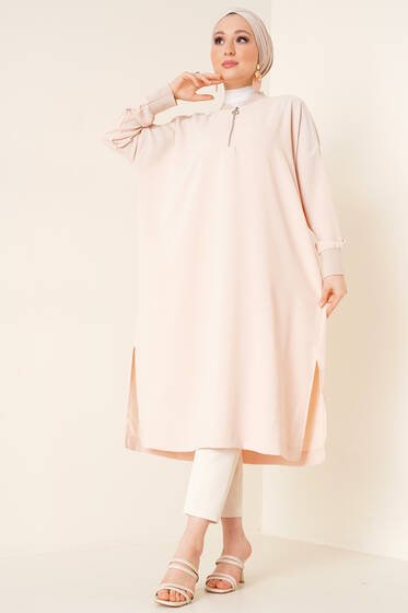 Yaka Fermuarlı Tunik Bej - Tunik