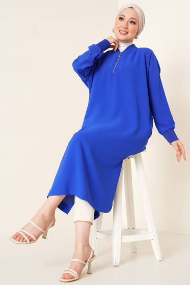 Yaka Fermuarlı Tunik Saks - Tunik
