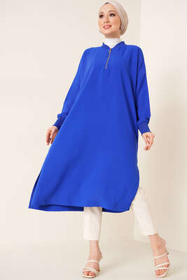 Yaka Fermuarlı Tunik Saks - Tunik