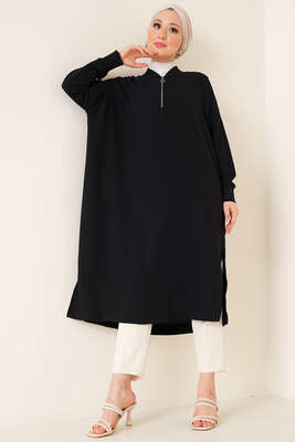 Yaka Fermuarlı Tunik Siyah - Tunik