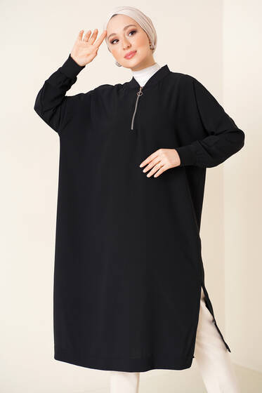 Yaka Fermuarlı Tunik Siyah - Tunik
