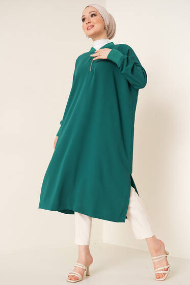 Yaka Fermuarlı Tunik Zümrüt Yeşili - Tunik