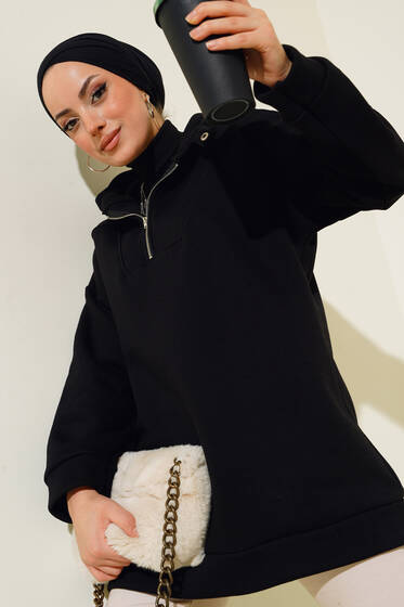 Yaka Fermuarlı Üç İplik Tunik Siyah - Tunik