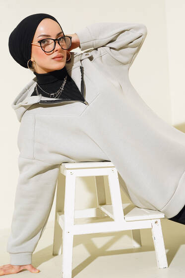 Yaka Fermuarlı Üç İplik Tunik Taş - Tunik