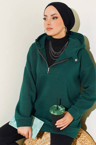 Yaka Fermuarlı Üç İplik Tunik Zümrüt - Tunik