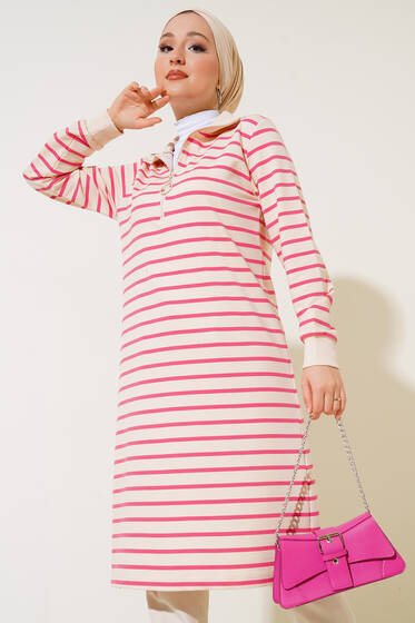 Yaka Fermuarlı Yatay Çizgili Tunik Fuşya - Tunik