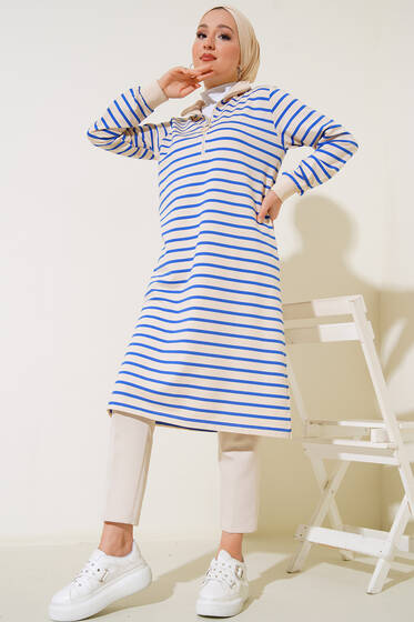 Yaka Fermuarlı Yatay Çizgili Tunik Saks - Tunik